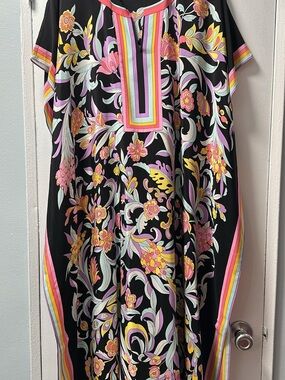 Black Floral Maxi Dress with Pink and Yellow Accents